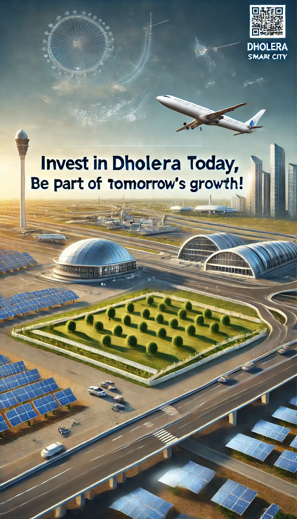 DALL·E 2024-12-10 15.22.35 - A professional and futuristic real estate advertisement for Dholera Smart City. The image should feature modern infrastructure like an expressway, int