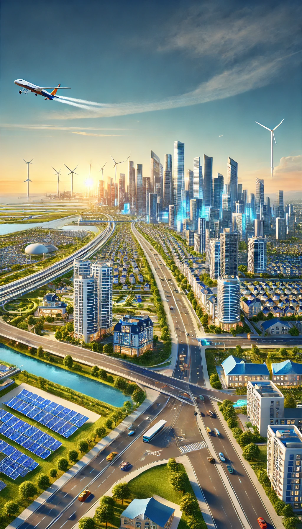 DALL·E 2024-12-16 11.29.30 - A visually captivating and realistic illustration of Dholera Smart City showcasing its future potential. The image includes a vibrant skyline with mod